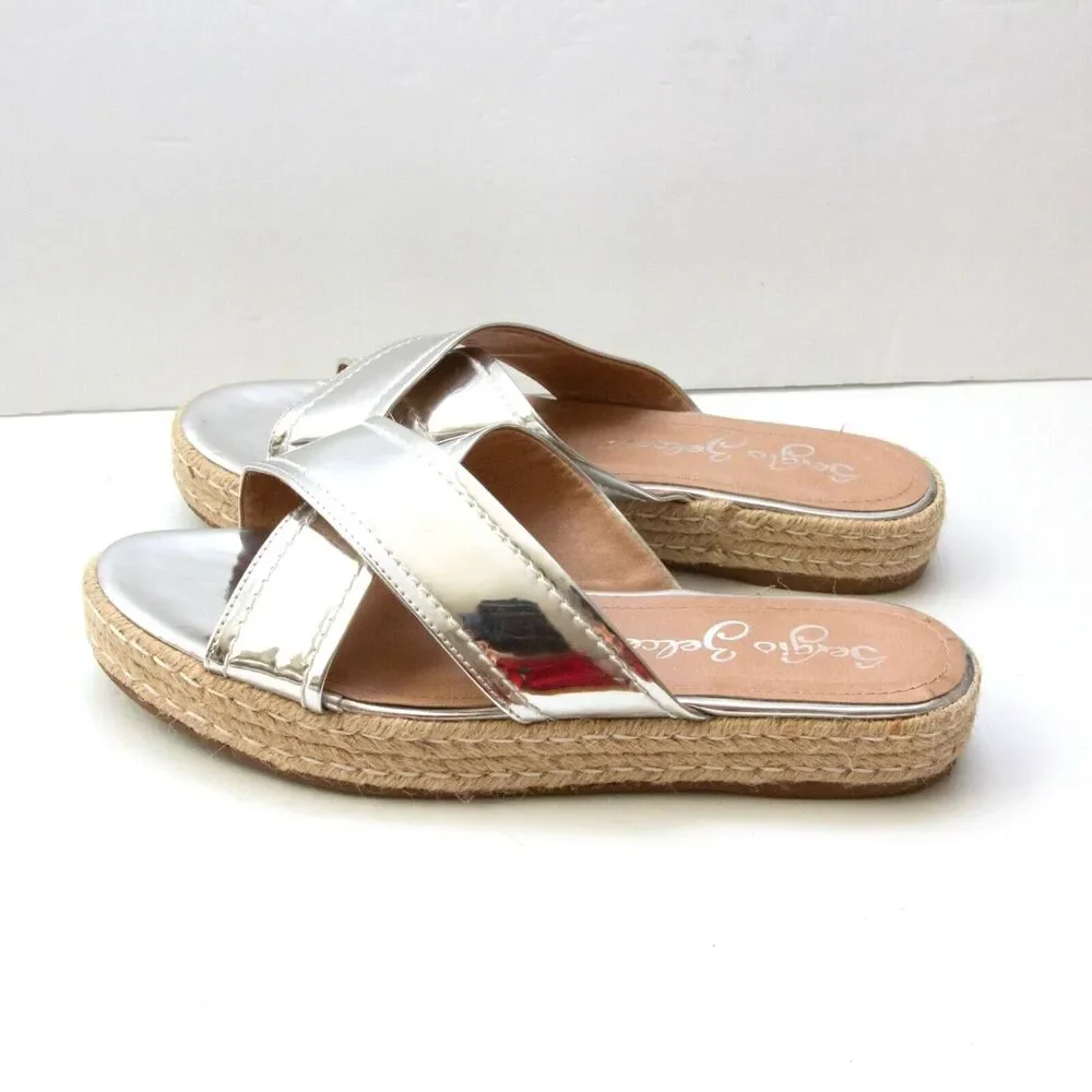 Sergio Zelcer Metallic Silver Chrome Cross Strips Slip On Platform Sandals 10